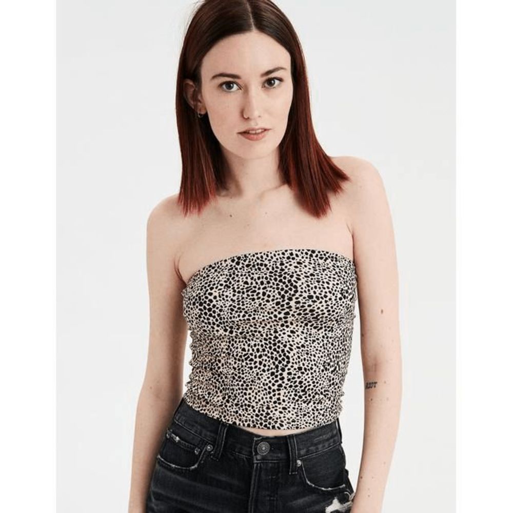 American Eagle Outfitters Cream and Black Leopard Print Strapless Tube Top